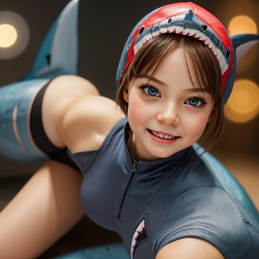 ((Skinny Shark BodySuit, (Stuffed shark head cap)with White Teeth)), 8k, High-level, absurd, masterpiece, best quality, primitive, very detailed CG, very detailed wallpaper, perfect lighting, Extremely detailed ((( personifying " Shark" as a ))), MysticSight, Tyndall effect, Tyndall scattering, (Studio gray background with (Overflowing oodles Dazzling RainbowColorParticles (BokeH))), (Blood Red short hair, RoundlyButts, Leg Fins installed), (Exposed:0.4), (Assfocus with looking ahead) BREAK (Acutance:0.88), (NOGIZAKA face variations) Extremely Detailed very KAWAII face variations, perfect anatomy, Childish, CaptivatingGaze ElaboratePupils detailed Eyes with (sparkling highlights:1.28), (Voluminous LongEyelashes:0.88)、GlossyRED Lips with beautiful details, RosyCheeks, Radiant PearlSkin with Transparency . { (Dynamic LifeLike expressions:1.4) | (:d) }, (large eyes:-1) . ((animal ears:-1.2))