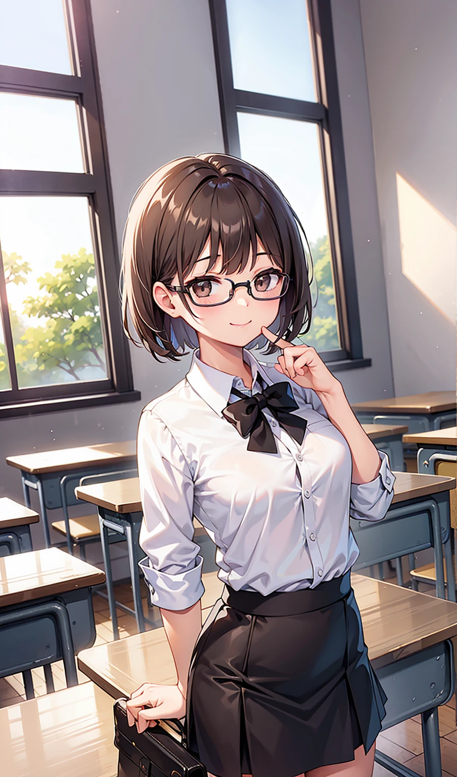 (One girl)、smile、Glasses、Turn around、teacher、gentlemen、Tight Skirt、Classroom Dark Brown Short Hair、Dark brown eyes
