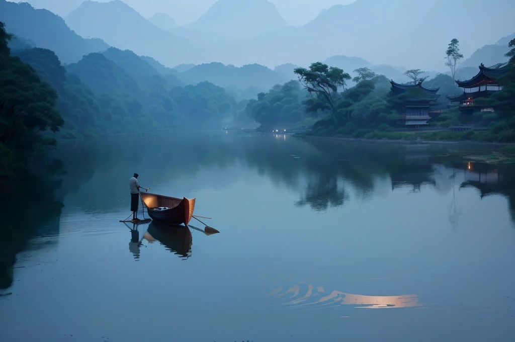 A man stands on a raft in the middle of a river, early morning, early morning, early morning的河流, Peaceful scene, Tranquil scene, peaceful scene, Sitting on a small bamboo boat, On the calm lake, In the peaceful scenery, night, Fisherman, early morning的曙光, early morning的阳光很刺眼, Hangzhou