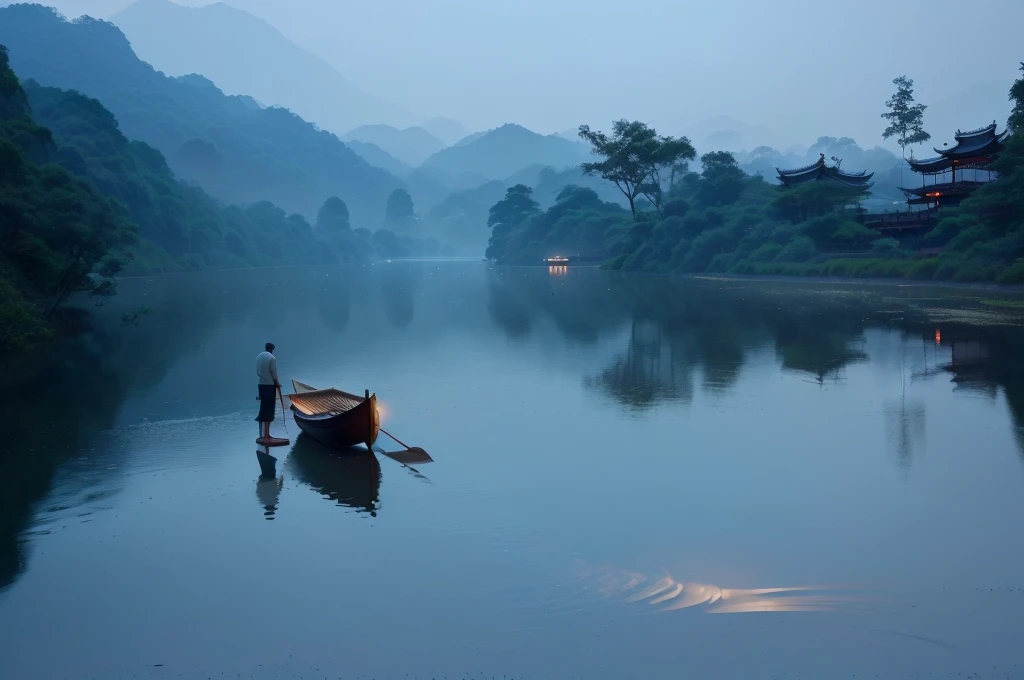 A man stands on a raft in the middle of a river, early morning, early morning, early morning的河流, Peaceful scene, Tranquil scene, peaceful scene, Sitting on a small bamboo boat, On the calm lake, In the peaceful scenery, night, Fisherman, early morning的曙光, early morning的阳光很刺眼, Hangzhou