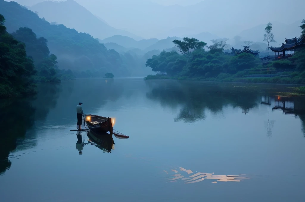 A man stands on a raft in the middle of a river, early morning, early morning, early morning的河流, Peaceful scene, Tranquil scene, peaceful scene, Sitting on a small bamboo boat, On the calm lake, In the peaceful scenery, night, Fisherman, early morning的曙光, early morning的阳光很刺眼, Hangzhou