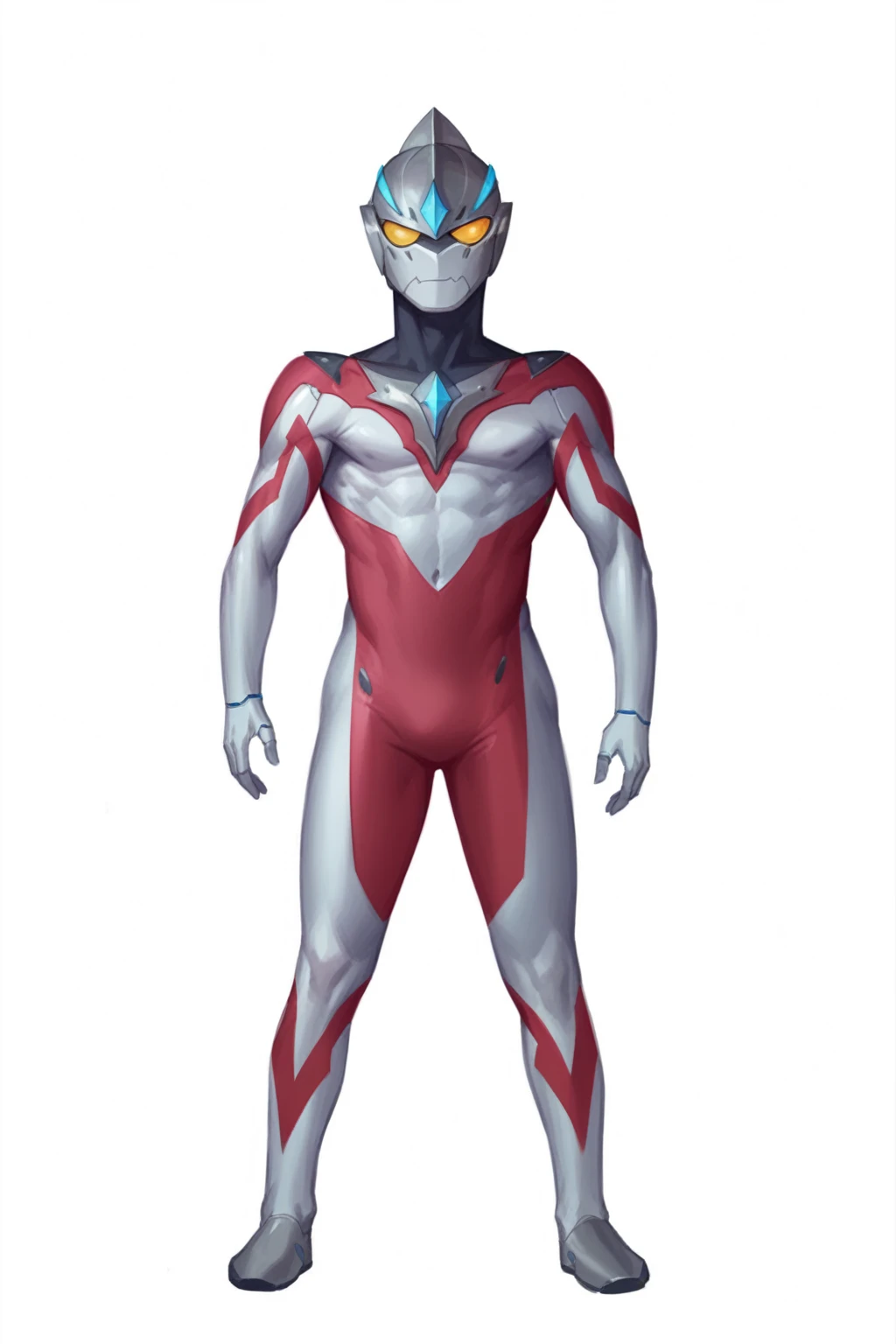 Add sleek silver armor with intricate blue and black patterns, Vibrant blue eyes, Grey Z Emblem Symbol on the chest, and remodel it, change all the color and shapes