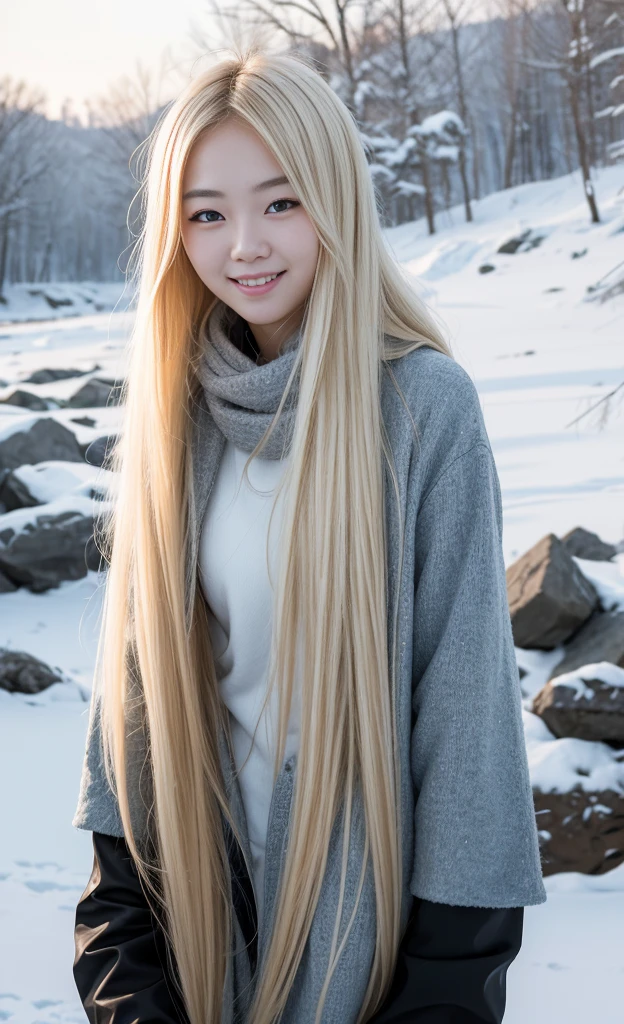 masterpiece,high resolution,High-resolution details, A beautiful 20-year-old Korean girl,Long blond hair,White and tender skin, Smiling tenderly looking at the camera,Full body photo in the frozen wilderness after the apocalypse, High Detail Skin, Runner's Slim Body, tense face, Strong face, Very tired face, wearing military dirty white pants, Wearing a military scarf with a white and grey pattern, Wearing a winter camouflage military vest, Wearing punk jewelry, Viking tattoo, Bad Girl, Femicide, Wild Girl, Post-apocalyptic style, Raw, Dramatic Lighting, Threatening the Nordic Skies, 8K, 超high resolution.Reality, Ultra HD, Digital SLR Camera, Phase One XF IQ4, 150 MP, Snowy fjord landscape with apocalyptic and destroyed scenery in the background, dirt, dust, rumble, crumb, Mad Max atmosphere