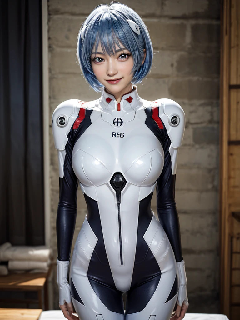 Masterpiece, highest quality, 8K, detailed skin texture, fine cloth texture, beautiful detailed face, intricate details, super detailed, portrait of Rei Ayanami, blue hair, red eyes, looking far away, no background, Evangelion Wearing a plug suit when riding, plug suit, whole body visible, standing, arms crossed, , beautiful, cute, great style, smiling,composition that shows the whole body,