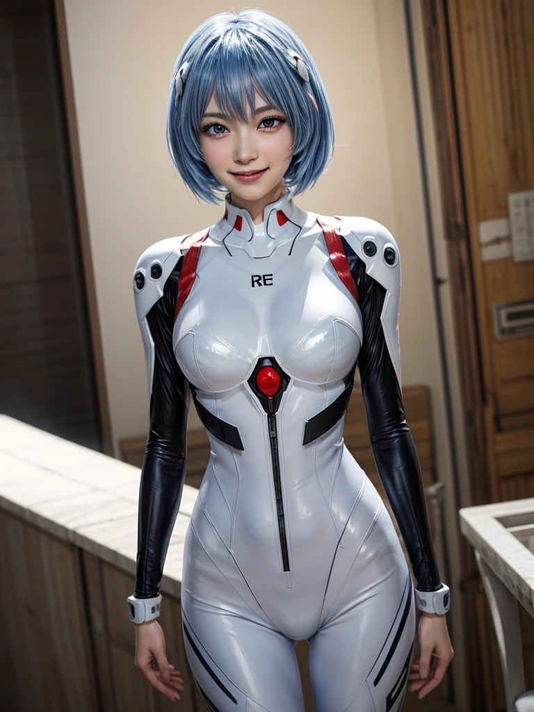 Masterpiece, highest quality, 8K, detailed skin texture, fine cloth texture, beautiful detailed face, intricate details, super detailed, portrait of Rei Ayanami, blue hair, red eyes, looking far away, no background, Evangelion Wearing a plug suit when riding, plug suit, whole body visible, standing, arms crossed, 15 years old, beautiful, cute, great style, smiling,composition that shows the whole body,