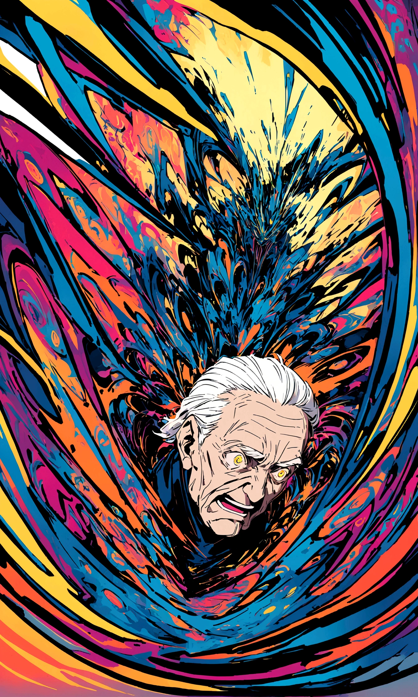 An old man's frightened face in comic book style, depicted in a bold, expressive lines and vibrant colors, against a contrasting gradient background that oscillates between electric blue and neon yellow, evoking a sense of urgency and unease, the subject's eyes wide with fear, eyebrows furrowed, and mouth agape, surrounded by abstract shapes and streaks, reminiscent of classic comic book visual motifs, imbued with a dynamic, kinetic energy, capturing the intense emotional turmoil of the moment, while exuding a futuristic, sci-fi flair.