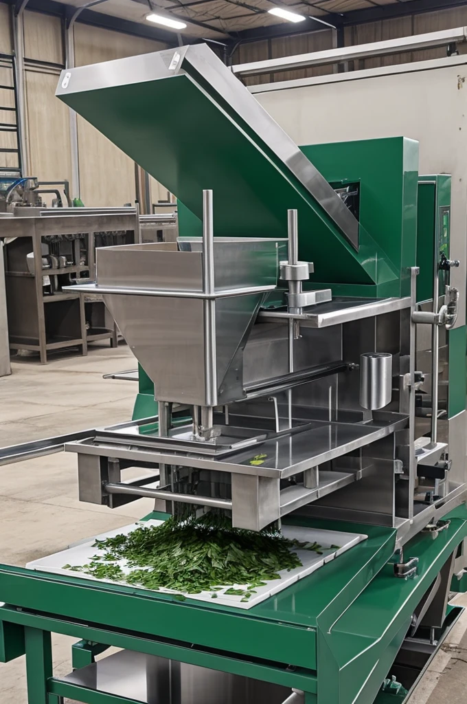 Machine for Wash, rinse, and chop herb leaves. Contains guillotine cutter and conveyer belt