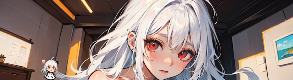 ((((1girl:1.5)))), white hair, red eyes, long hair, (collarbone:1.4), animation style,(2d, chibi, cute, cute, small , big eyes), skin color white, think about something, background/(in the room ,modern girl's room, bed, Soft mood lighting), ((((rose)))), (Bamboo Spear)