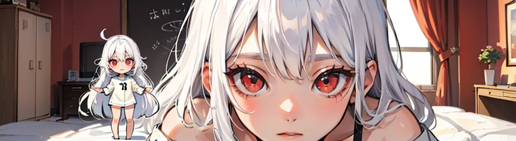 ((((1girl:1.5)))), white hair, red eyes, long hair, (collarbone:1.4), animation style,(2d, chibi, cute, cute, small , big eyes), skin color white, think about something, background/(in the room ,modern girl&#39;s room, bed, Soft mood lighting), ((((rose)))), (Bamboo Spear)