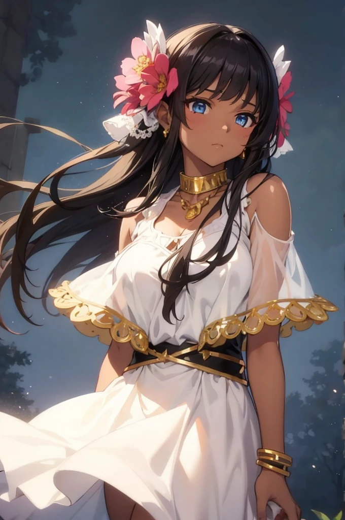 Egiptian princess in the anime is wearing a gold dress with her hair in braids, sexy , 1girl, breasts, solo,DARK SKIN , long hair, black hair, looking at viewer, dress, jewelry, earrings, blue eyes, white dress, bare shoulders, covered navel, sleeveless dress, outdoors, cleavage, sleeveless, medium breasts, day, closed mouth