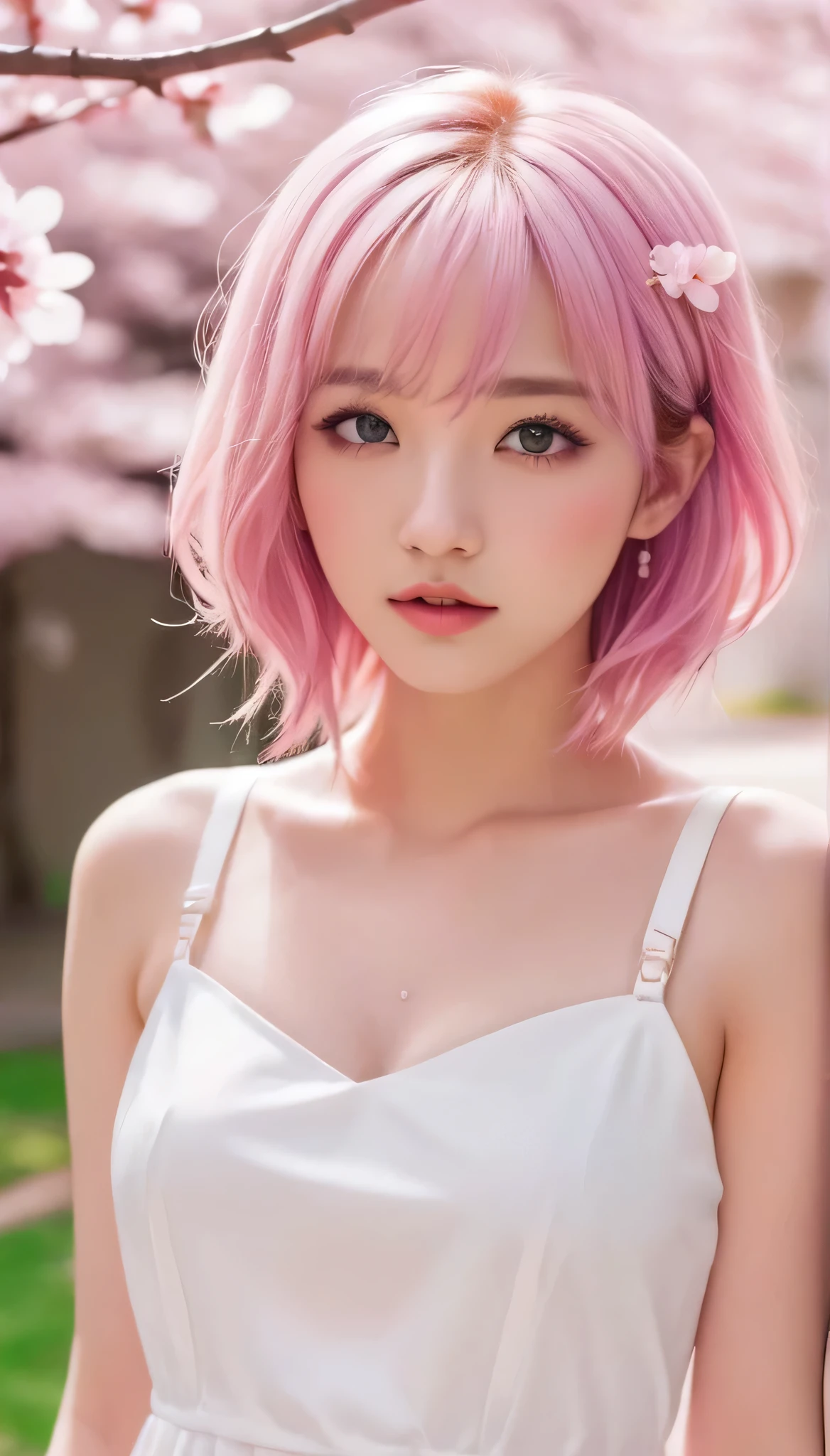 Light pink hair, pink eyes, pink and white, sakura leafs, vivid colors, white dress, paint splash, simple background, ray tracing, wavy hair