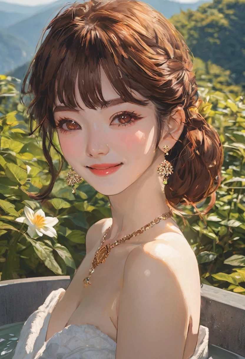 A hot spring resort in the mountains of Japan,Beautiful mountains in the background々,(Hot water smoke obstructing the view Water vapor rising from the bathtub:1.3),(Rock bath open-air bath:1.3),(Take a deep shoulder soak in the open-air bath:1,3),Immaculate white tube top bra without shoulder straps,Hold a hand towel to hide your breasts,Blushing、Laugh shyly、(Beautiful girls)、(Short reddish brown hair、hairpin、ponytail、Floating Hair、)huge 、blush with embarrassment、Dreamy eyes、A smile that captivates the viewer、Take a look at the photographer、Sweaty skin、Staring at the audience,necklace、Earrings、Pointed red mouth,Perfect round face,,Proper body balance,Intricate details,Very delicate and beautiful hair,Photo Real,dream-like,Professional Lighting,Realistic Shadows,Focus Only,Beautiful Hands,Beautiful fingers,Detailed finger features,Detailed arm functions,Detailed clothing features,Detailed hair features,Detailed facial features,(Tabletop,Highest quality,Ultra-high resolution output images,) ,(8K quality,),(Picture Mode Ultra HD,)