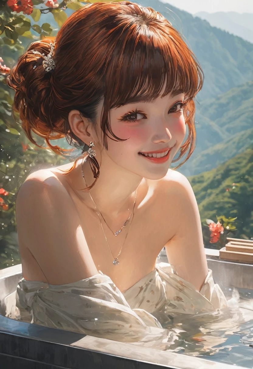 A hot spring resort in the mountains of Japan,Beautiful mountains in the background々,(Hot water smoke obstructing the view Water vapor rising from the bathtub:1.3),(Rock bath open-air bath:1.3),(Take a deep shoulder soak in the open-air bath:1,3),Immaculate white tube top bra without shoulder straps,Hold a hand towel to hide your breasts,Blushing、Laugh shyly、(Beautiful girls)、(Short reddish brown hair、hairpin、ponytail、Floating Hair、)huge 、blush with embarrassment、Dreamy eyes、A smile that captivates the viewer、Take a look at the photographer、Sweaty skin、Staring at the audience,necklace、Earrings、Pointed red mouth,Perfect round face,,Proper body balance,Intricate details,Very delicate and beautiful hair,Photo Real,dream-like,Professional Lighting,Realistic Shadows,Focus Only,Beautiful Hands,Beautiful fingers,Detailed finger features,Detailed arm functions,Detailed clothing features,Detailed hair features,Detailed facial features,(Tabletop,Highest quality,Ultra-high resolution output images,) ,(8K quality,),(Picture Mode Ultra HD,)