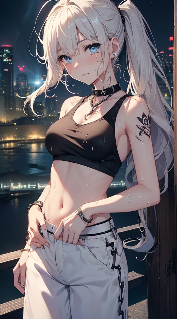 top-quality、Top image quality、​masterpiece、girl with((18year old、Tattoo of the heart symbol on the right shoulder、Black Navel Tank Top、White pants、Best Bust、Bust 85、a blond、poneyTail、Blue eyes、open chest wide、Happiness、Chain Accessories、Black wristband on wrist、Raise your left arm、A slender、whole body Dripping wet、Tears of joy)）hiquality、visualart、Background with((City at night、Sateen、lightning bolt))、masutepiece、Depth(lightning bolt)