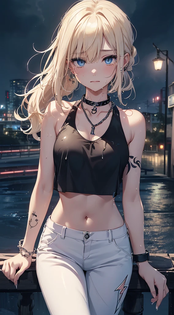top-quality、Top image quality、masterpiece、girl with((18year old、Tattoo of the heart symbol on the right shoulder、Black Navel Tank Top、White pants、Best Bust、Bust 85、a blond、poneyTail、Blue eyes、open chest wide、Happiness、Chain Accessories、Black wristband on wrist、jamping,A slender、whole body Dripping wet、shed tears))hiquality、visualart、Background with((City at night、Sateen、lightning bolt))、masutepiece