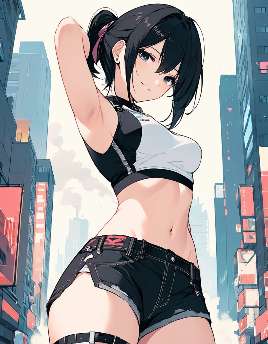 torso shot, facing front, best quality, masterpiece, female ((Tifa)), (solo:1.3), ultra detailed,detailed face, 8k wallpaper,
black hair in side cut fashion, wide hips, smile, hands behind head, city background, smoke and rubbles, by james gilleard, by joe fenton, by kaethe butcher