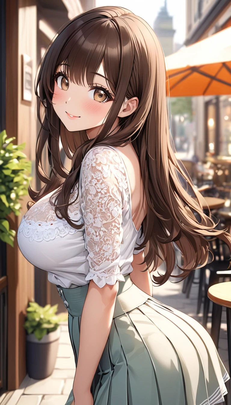 masterpiece, Highest quality, Very detailed, ,Fine details, Anime Style, One Girl, 22 years old, Cute face、bangs, Large Breasts、Big Ass、Tight waist、cowboy shot, front、Long Hair、Beautiful Eyes、Dark brown hair, Shiny Hair, Light brown eyes、Look at the photographer、 とってもCute face, smile、Cute and sexy pose, arched back, Pleated skirt, lace tops, On the terrace of a stylish cafe in the city、Shallow depth of field