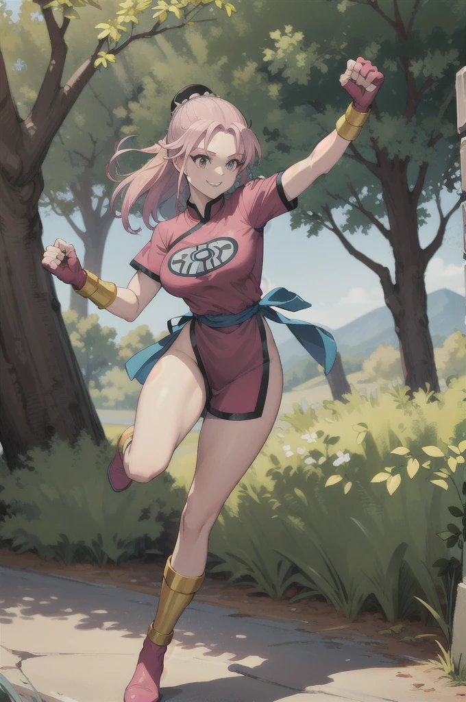 maam,big breasts,beautifuleyes,narrow waist,realistic,solo,outdoor,forest, martialMaam,pink hair,hair bun,long hair,china dress,short sleeves,sash,fingerless gloves,beautiful legs, smile, clenched fists, action pose,:1.1), lady, dragon quest