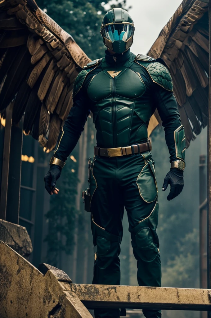 A flexible and adaptable dark green suit with gold details that adjusts to your transformations. He wears a belt with biotechnology tools and a multifunctional visor that helps him analyze the environment AND he also has Eagle wings. his entire body