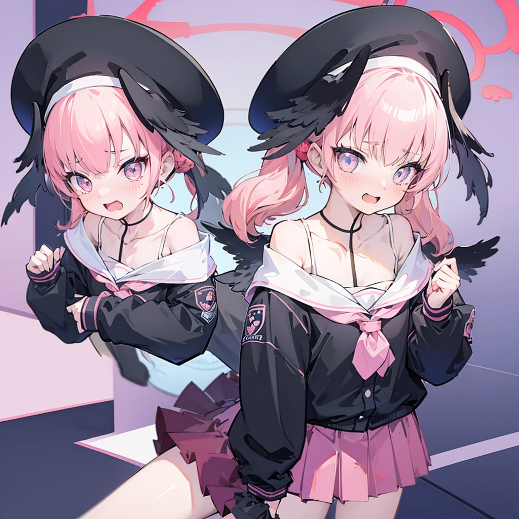 Very cute female anime half human cat, black and pink hair , blue eyes, beautiful background. Laughing,8k