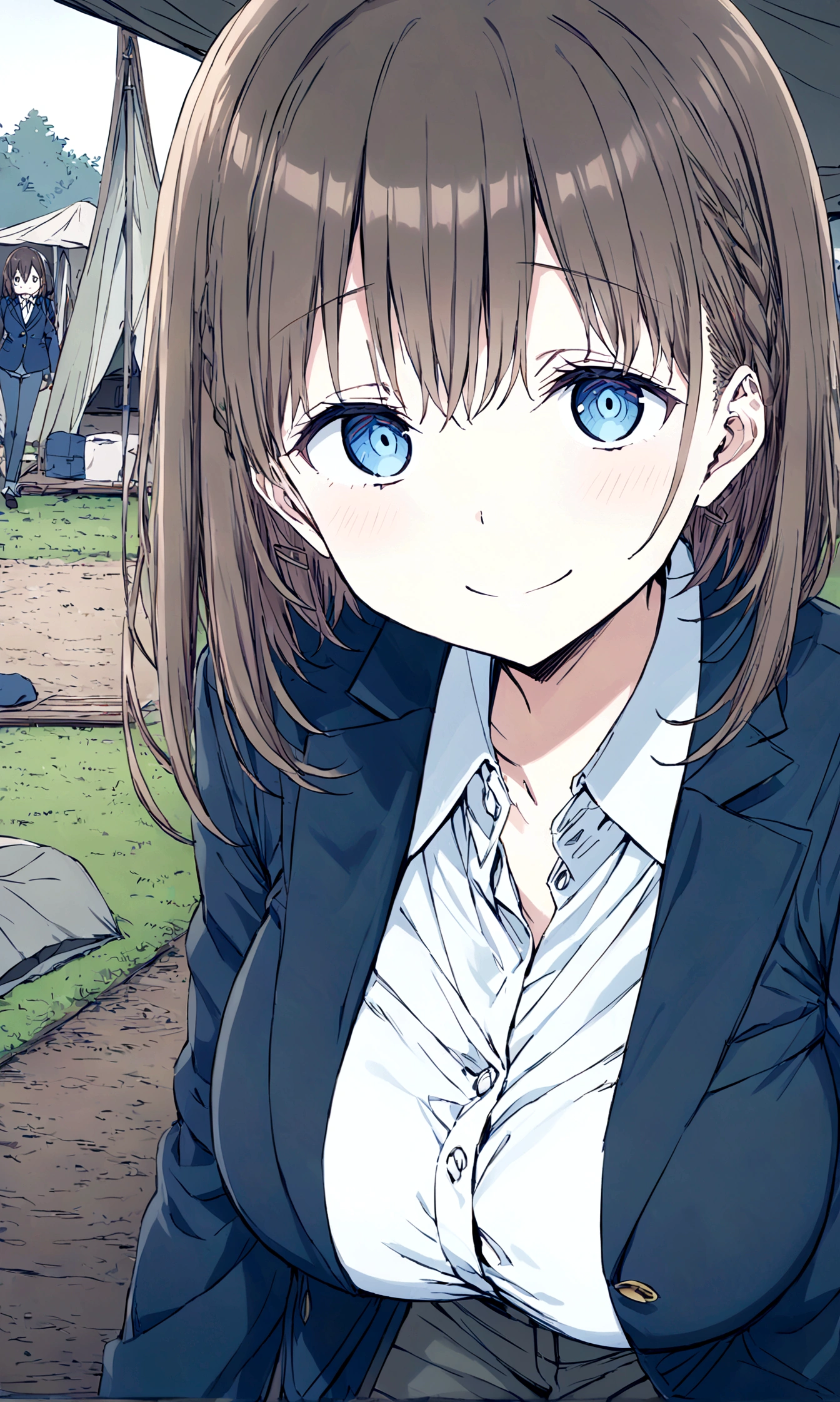 Tawawa on Monday,Ai-chan,Big Breasts,blue blazer,high school girl,sad smile,homeless tent,park,finely detailed beautiful face,high quality,アニメ,beautiful,High resolution,anime color,{{{{8K_wallpaper}}}},{{{masterpiece}}},{{{{extremely detailed eyes}}}},{{{{extremely detailed body}}}},{{{{extremely detailed finger}}}}