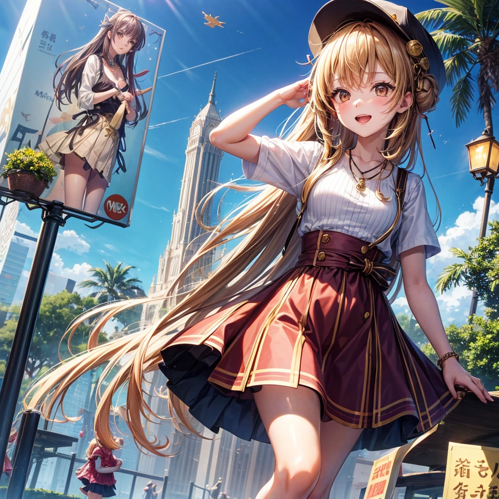 Red, brown, gold, gold hair、Golden Eyes、Hair tied up、One good looking girl、solo、anime、Checkered mini skirt、Ruffles on the skirt、Checked dress、blouse、school uniform、Black knee-high socks、Wearing a baseball cap、Ribbon、Ribbon on waist、Teeth are visible、Sparkly Necklace、From above、Cobblestones、waterfall、Starry Sky、Midnight Moon、suspension bridge、Soap bubbles are flying、beam、Standing still、Eight Towers、Palm Tree、Transparent、Dragon flying、Sandy Beach、time and space、goddess、Billboard