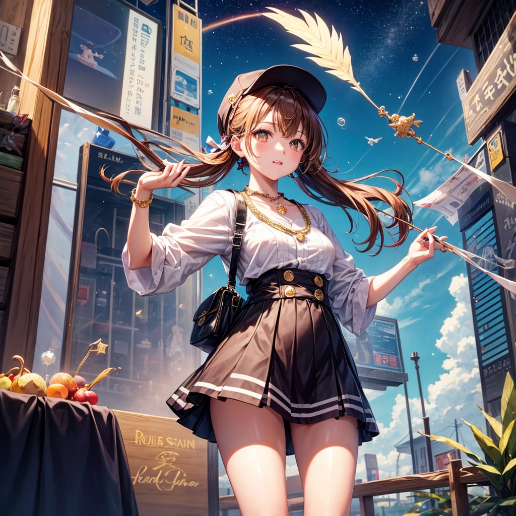 Red, brown, gold, gold hair、Golden Eyes、Hair tied up、One good looking girl、solo、anime、Checkered mini skirt、Ruffles on the skirt、Checked dress、blouse、school uniform、Black knee-high socks、Wearing a baseball cap、Ribbon、Ribbon on waist、Teeth are visible、Sparkly Necklace、From above、Cobblestones、waterfall、Starry Sky、Midnight Moon、suspension bridge、Soap bubbles are flying、beam、Standing still、Eight Towers、Palm Tree、Transparent、Dragon flying、Sandy Beach、time and space、goddess、Billboard