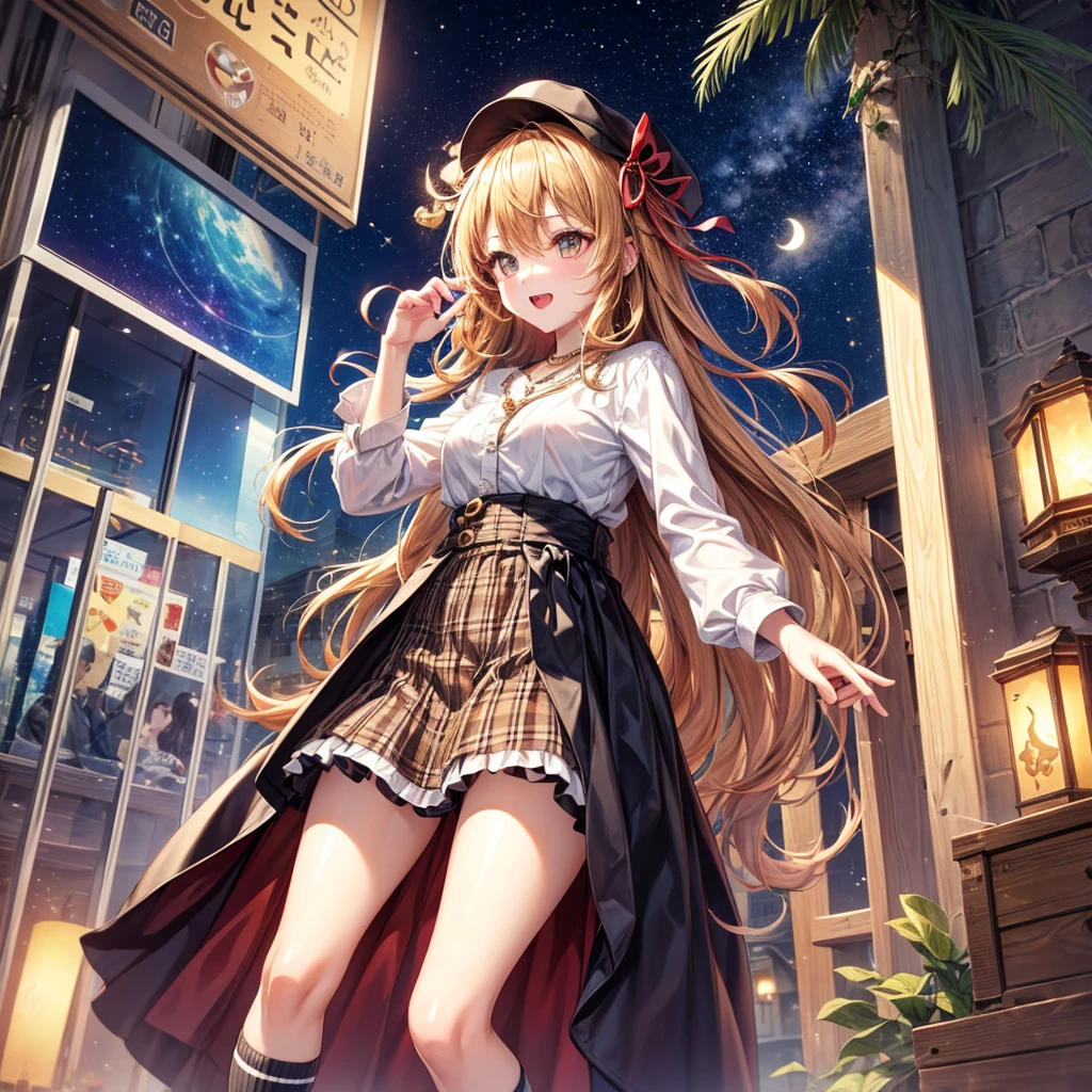 Red, brown, gold, gold hair、Golden Eyes、Hair tied up、One good looking girl、solo、anime、Checkered mini skirt、Ruffles on the skirt、Checked dress、blouse、school uniform、Black knee-high socks、Wearing a baseball cap、Ribbon、Ribbon on waist、Teeth are visible、Sparkly Necklace、From above、Cobblestones、waterfall、Starry Sky、Midnight Moon、suspension bridge、Soap bubbles are flying、beam、Standing still、Eight Towers、Palm Tree、Transparent、Dragon flying、Sandy Beach、time and space、goddess、Billboard