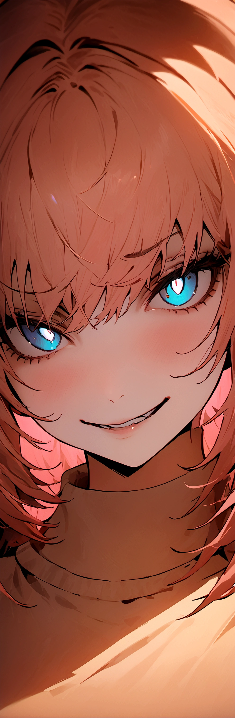 (Masterpiece:1.2, Best Quality), 1 woman, whole body, White sweater , Casual, wide, minimal makeup, , pale,Natural fabrics, closeup face, evil smile, bright eyes circular pupils,8K high resolution, detailed lines, ((whole body))