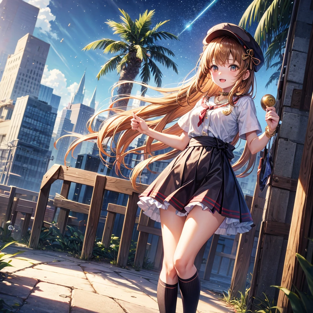 Red, brown, gold, gold hair、Golden Eyes、Hair tied up、One good looking girl、solo、anime、Checkered mini skirt、Ruffles on the skirt、Checked dress、blouse、school uniform、Black knee-high socks、Wearing a baseball cap、Ribbon、Ribbon on waist、Teeth are visible、Sparkly Necklace、From above、Cobblestones、waterfall、Starry Sky、Midnight Moon、suspension bridge、Soap bubbles are flying、beam、Standing still、Eight Towers、Palm Tree、Transparent、Dragon flying、Sandy Beach、time and space、goddess、Billboard