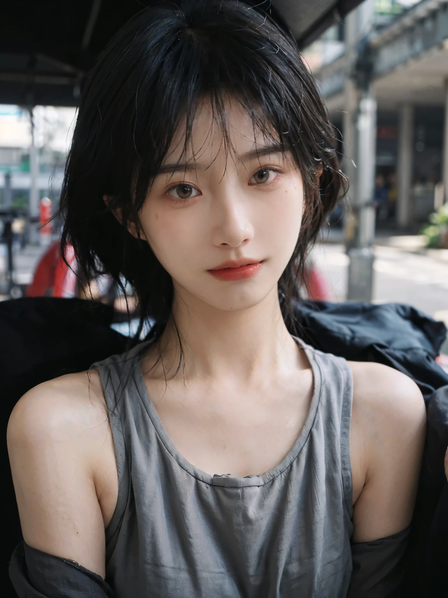 (Skin details:1.4), (smooth skin textures:1.3), (Upper Body:1.4),(Upper Body:1.3),(Black clothes:1.4),Lipstick, background, earrings, serene, calm, (Realistic and detailed eyes:1.2), Natural skin texture, Realistic facial details, Soft dramatic lighting, Vivid details, 35 mm film, outdoor, (Photo Practical:1.4), (hyper Practical:1.4), (Practical:1.3), (Smoother lighting:1.05), (Improve lighting quality:0.9), (Highest quality real skin textures:1.4), Exquisite eyes, Delicate face, Close-up of face, (Enhance the beauty of skin texture:1.1),0Normal body proportions, short hair, Moles under the eyes, A faint smile,Portrait Photography, Depth of Field, Bokeh, Surrealism, Ray Tracing, (Portrait Photography:1.1), Surrealism, High Detail, Chiaroscuro, Ray Tracing, reflected light, Ultra HD, Ultra HD, masterpiece, Textured Skin, Super Detail, High Detail, high quality, best quality