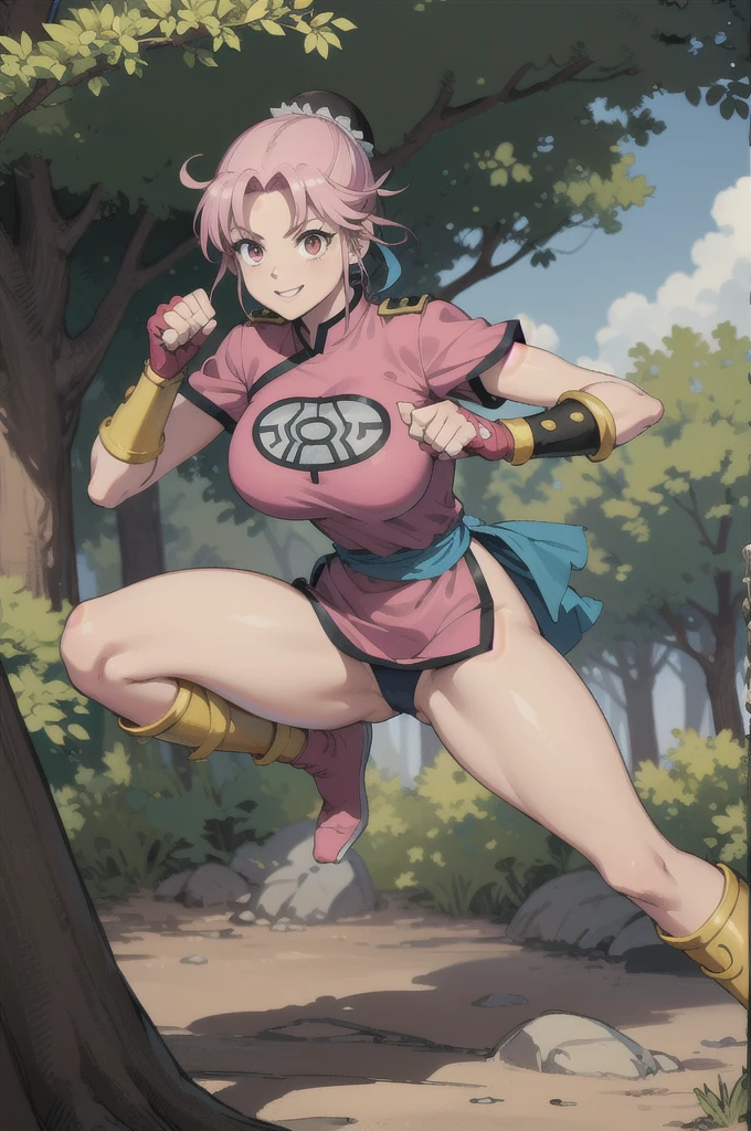 maam,big breasts,beautifuleyes,narrow waist,realistic,solo,outdoor,forest, martialMaam,pink hair,hair bun,long hair,china dress,short sleeves,sash,fingerless gloves,beautiful legs, smile, clenched fists, action pose,:1.1), lady, dragon quest