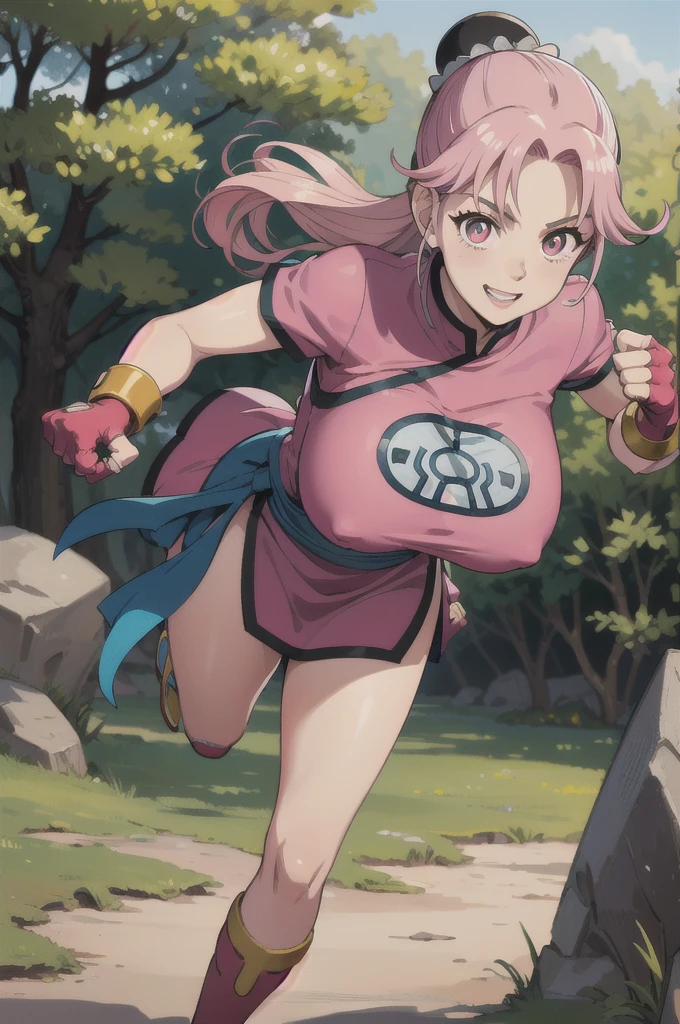 maam,big breasts,beautifuleyes,narrow waist,realistic,solo,outdoor,forest, martialMaam,pink hair,hair bun,long hair,china dress,short sleeves,sash,fingerless gloves,beautiful legs, smile, clenched fists, action pose,:1.1), lady, dragon quest