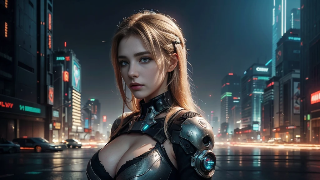 masterpiece,best quality,high resolution,8K,(Portraits:1.5),(R Original Photo),The real situation,Digital Photography,(A fusion of cyberpunk and fantasy),Ragged clothes,White women，Feel free to hairstyle,blonde，blue eyes，By Bangs,(Large Breasts, Accessories,shut your mouth,Elegant and charming,Serious and arrogant,Calm and handsome,(Combination of cyberpunk and fantasy style clothing,hollow-carved design,Large Breasts，Photo poses,Realistic style,Gray World Background,oc render reflection texture，futuristic city，Medium distance photography