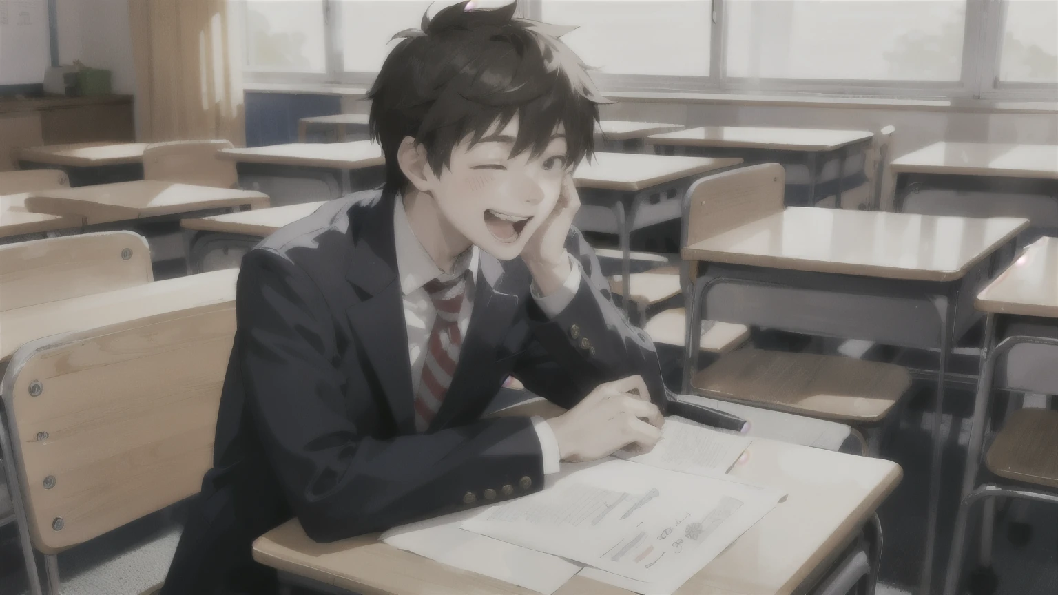 A male high school student is taking a test in the classroom,laughing