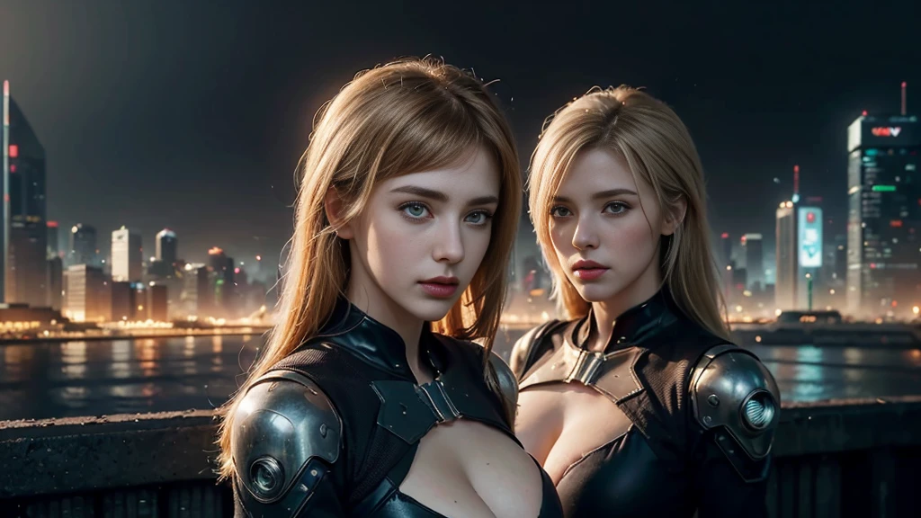 masterpiece,best quality,high resolution,8K,(Portraits:1.5),(R Original Photo),The real situation,Digital Photography,(A fusion of cyberpunk and fantasy),(Female Officer),White women,Feel free to hairstyle,blonde,blue eyes,By Bangs,(Large Breasts, Accessories,shut your mouth,Elegant and charming,Serious and arrogant,Calm and handsome,(Combination of cyberpunk and fantasy style clothing,hollow-carved design,Large Breasts,Photo poses,Realistic style,Gray World Background,oc render reflection texture,futuristic city,Medium distance photography