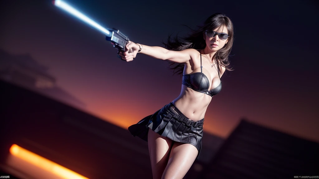 (((At night, ((very dark sunset sky)), (((1girl, solo))), a western woman, photo realistic, large-breast:1.2 slim body, cleavage, off tube top, short pleated miniskirt, standing on rooftop, (matrix style black sunglasses), (((aiming towards viewer with a short:0.8 pistol))), half-body thigh level medium:1.2 shot))). In the background, simple aerial view of a sci-fi futuristic city, neon light, (((flying vehicle speeding towards viewer))).