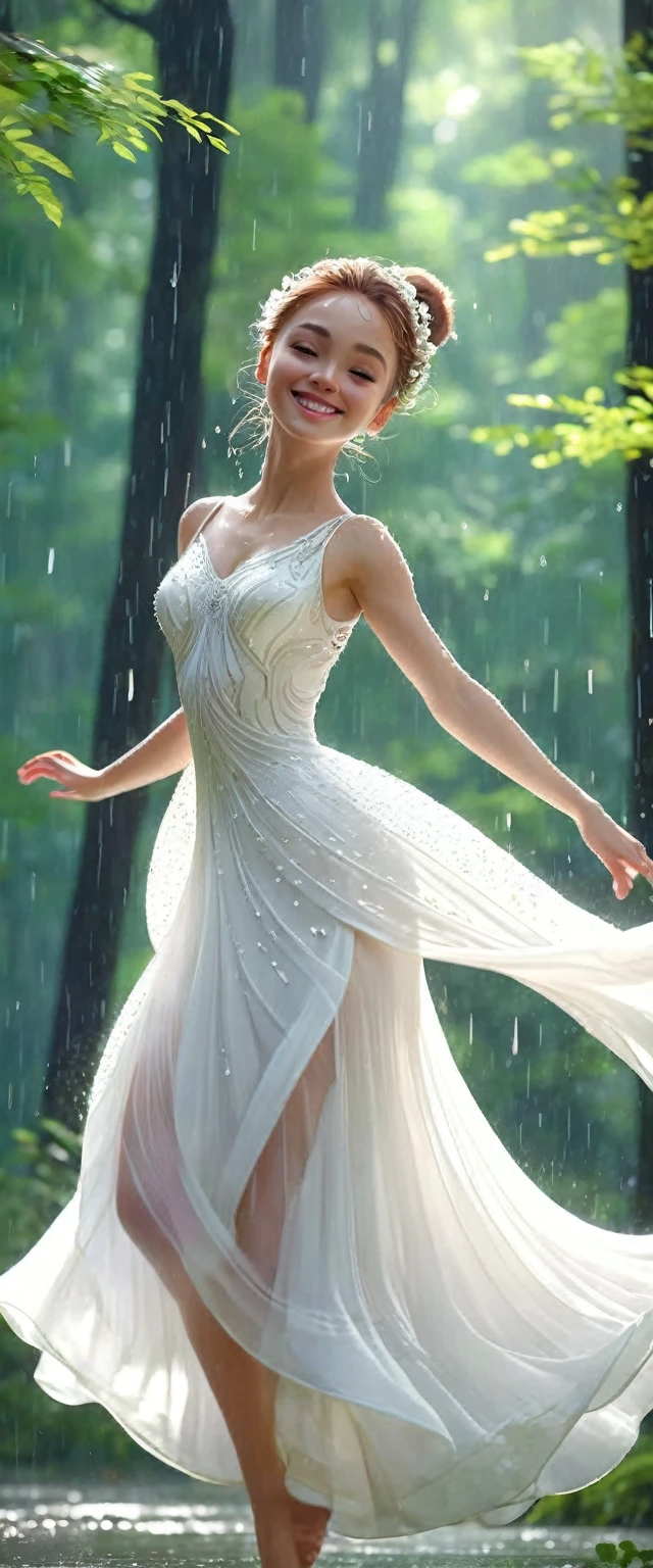 A lovely girl,Wearing beautiful dance clothes.Dancing in the rainy summer forest.Tilt your head and look at people with a smile.Close-up of character( Perfect anatomical structure )The whole body is perfectly presented and beautiful and the texture is extremely delicate，detailed, bright, Animation style high definition and high quality presentation