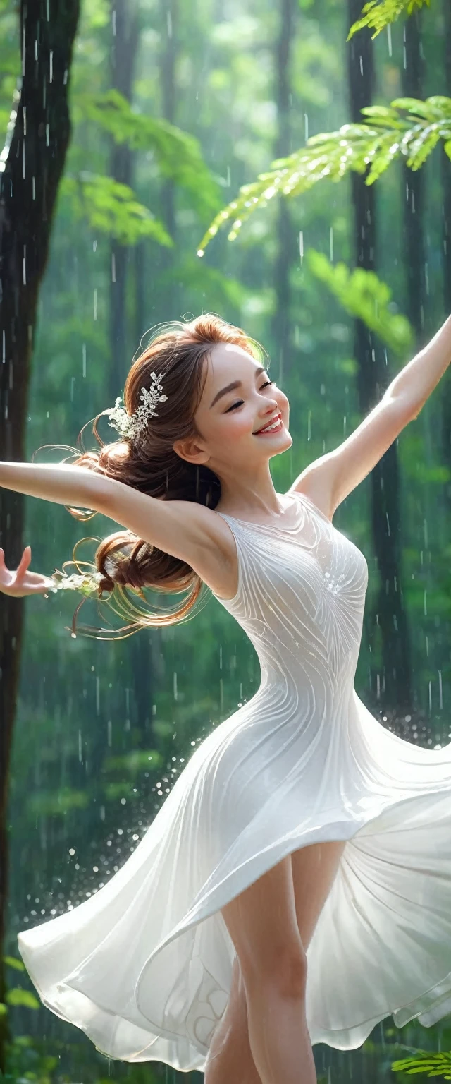 A lovely girl,Wearing beautiful dance clothes.Dancing in the rainy summer forest.Tilt your head and look at people with a smile.Close-up of character( Perfect anatomical structure )The whole body is perfectly presented and beautiful and the texture is extremely delicate，detailed, bright, Animation style high definition and high quality presentation