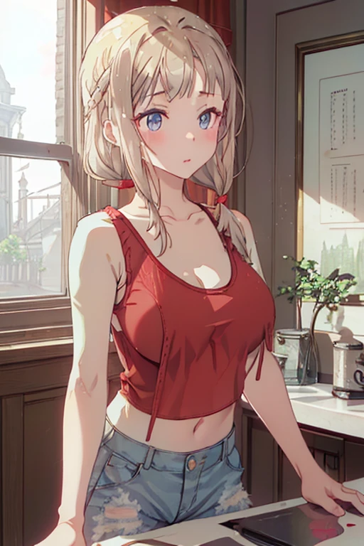 masterpiece、highest quality、Very detailed、An illustration、Beautiful fine details、One Girl、cute、Detailed landscape、Training Room Background:1.4、Platinum Blonde Hair、Braided Ponytail、Red camisole、((D cup breasts, Tank top showing underboob:1.3))