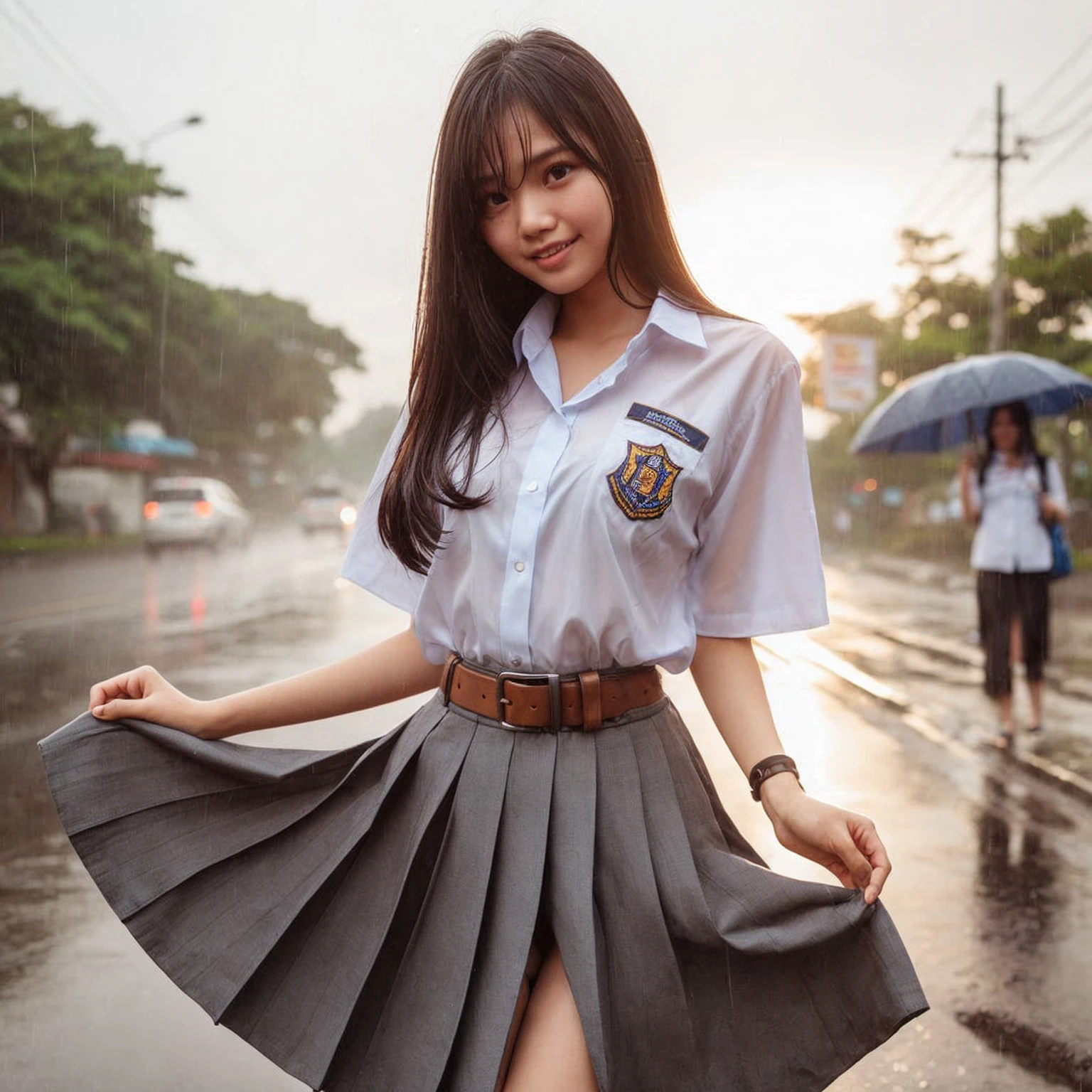 An Indonesian young woman wearing a high is getting rained on. She is holding her skirt up high to keep it from getting wet. The background shows the side of the road in the late afternoon.
