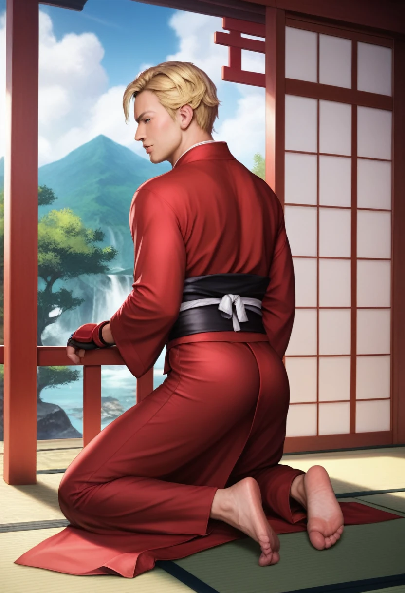 8k,(photorealistic:1.4),(masterpiece:1.4),(best quality:1.2),(ultra detailed:1.2),ultra highres,extremely delicate and beautiful,from behind,1boy,solo,ken,street fighter,(red dougi),(black obi),red hachimaki,blonde hair,red fingerless gloves,(sfr1v),barefoot,Japanese shrine,
