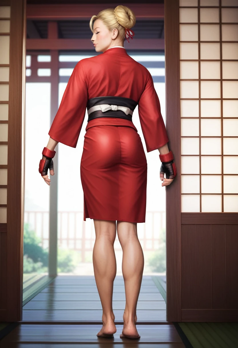 8k,(photorealistic:1.4),(masterpiece:1.4),(best quality:1.2),(ultra detailed:1.2),ultra highres,extremely delicate and beautiful,from behind,1boy,solo,ken,street fighter,(red dougi),(black obi),red hachimaki,blonde hair,red fingerless gloves,(sfr1v),barefoot,Japanese shrine,