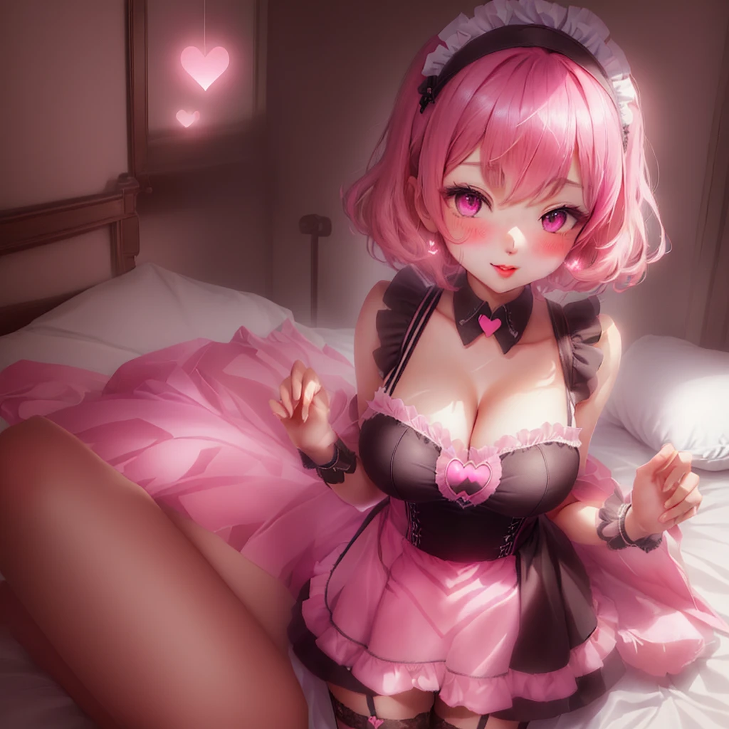 ((masterpiece)), ((best quality:1.2)), ((highly detailed)), (original), ((delicate background)), ((extremely detailed 8K wallpaper)), sweet, depth of field, fantasy,
BREAK
((1girl)), solo, cute girl, anime waifu girl, 20 years old, shiny skin,
BREAK
maid, ((classic maid dress)), ((wearing edgcatlingerie)), cat cutout, cleavage cutout, lots of frills, ((huge breasts)),
BREAK
curly hair, faint pink hair, short hair,
BREAK
((heart-shaped eyes)), pink eyes, tongue out, blush, sweating,
BREAK
full body shot, ((on the bed)), looking at the viewer,