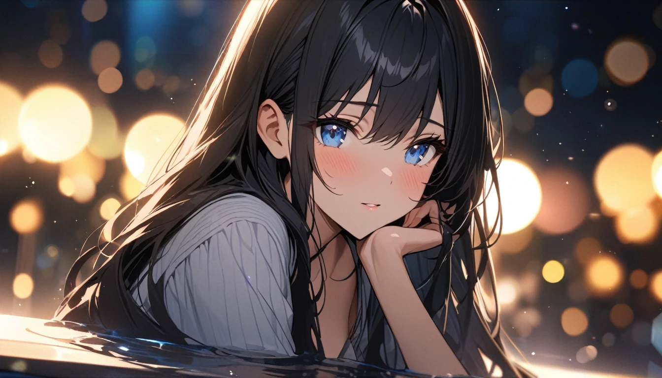 Full resolution, Highest quality, masterpiece, Full HD, Bokeh, particle Bokeh, Depth of written boundary, Beautiful girls, Very detailed, One girl, pretty girl, Black Hair, Long Hair, Blue water eyes