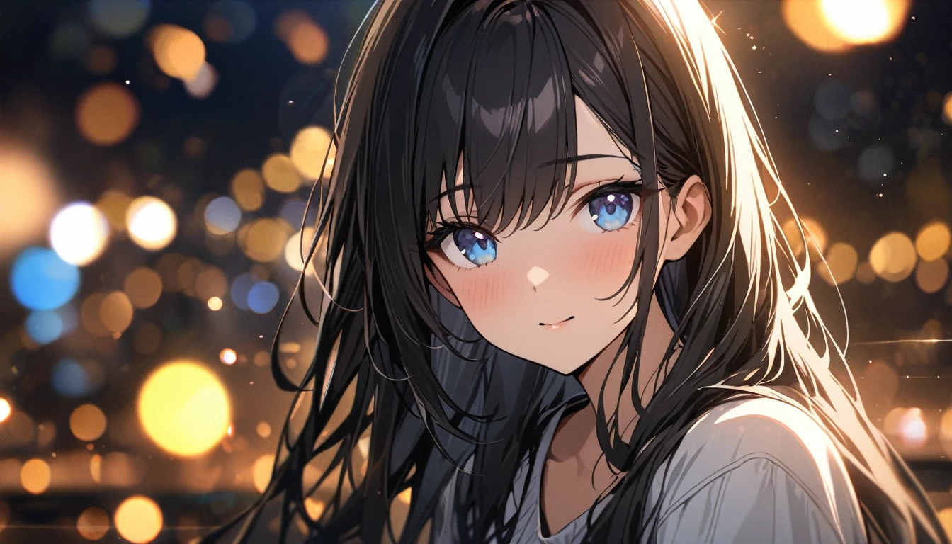 Full resolution, Highest quality, masterpiece, Full HD, Bokeh, particle Bokeh, Depth of written boundary, Beautiful girls, Very detailed, One girl, pretty girl, Black Hair, Long Hair, Blue water eyes