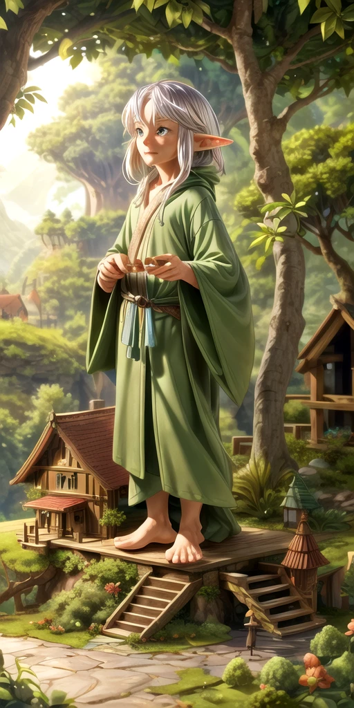 A wise old elf with silver hair, green eyes, and a long green robe, stands in a small, picturesque elven village with wooden houses and lush greenery.
The old elf looks serene and thoughtful.
The scene is set at sunrise, with soft light filtering through the trees.