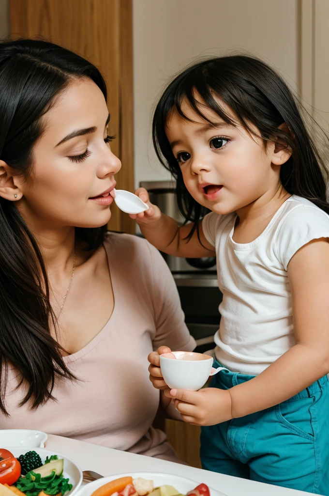 Mother feeding toddler with spoon
