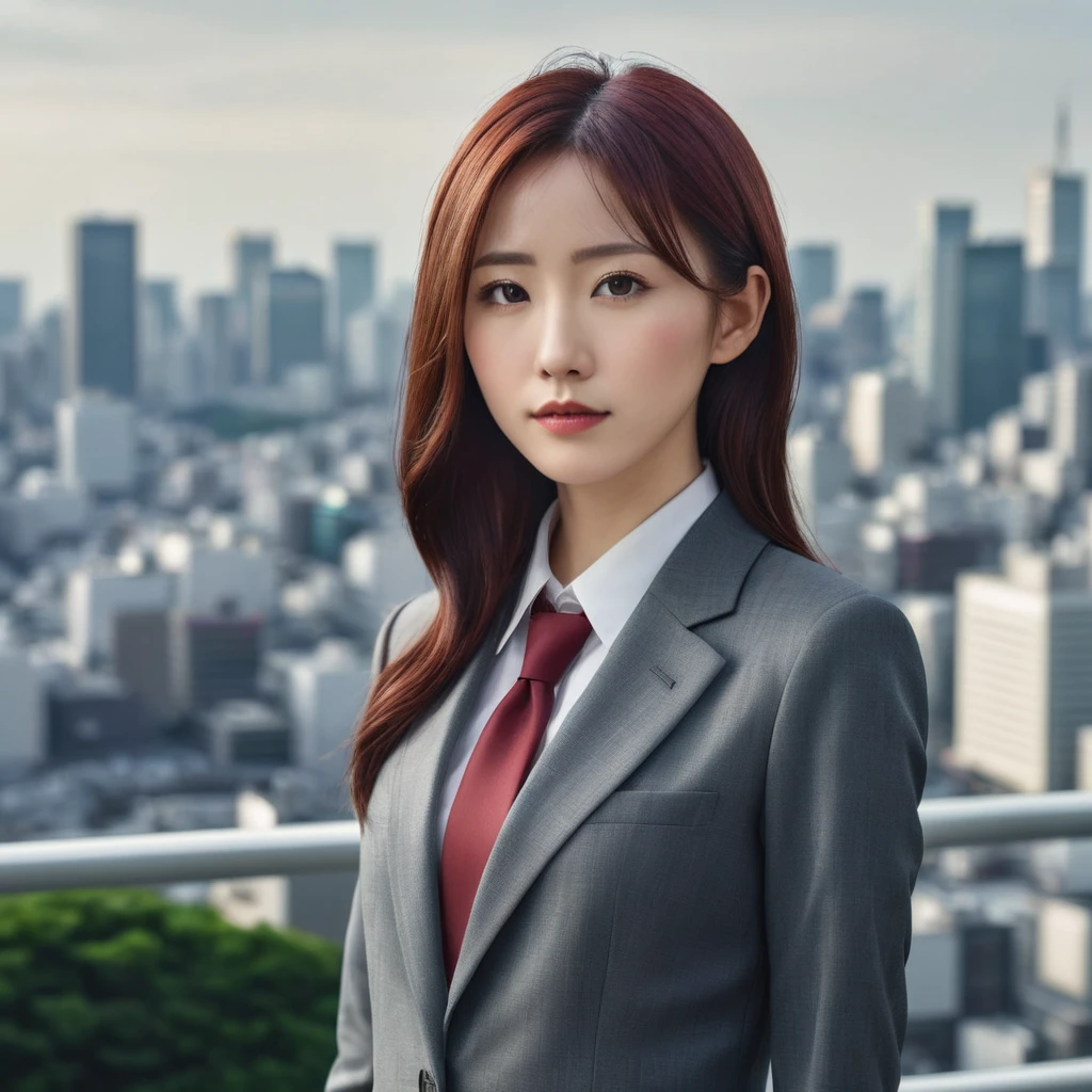 A beautiful, detailed woman in her 20s with dark-red hair, wearing office attire, set against the scenery of Tokyo in the background, ultra-detailed, best quality, masterpiece, 8k, hyperrealistic, photorealistic, dramatic lighting, vivid colors, intricate details, elegant, sophisticated, serene, tranquil
