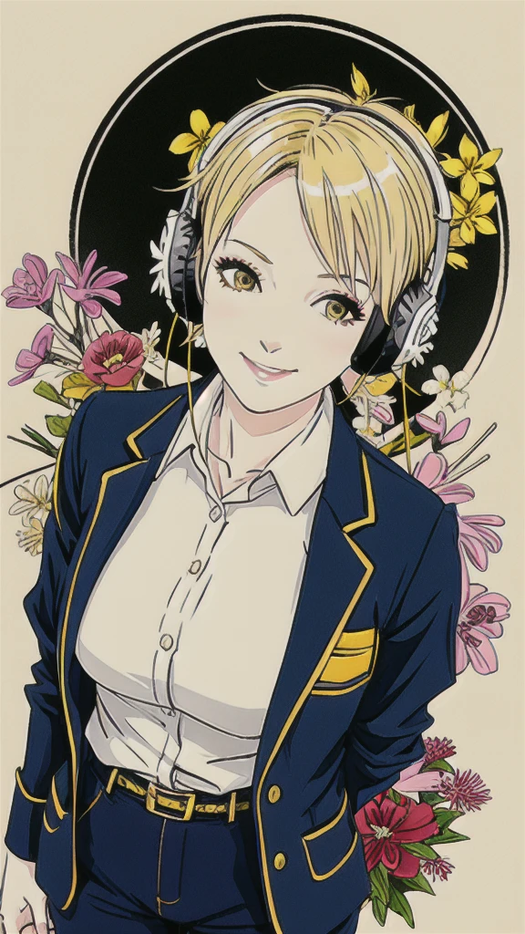 Sexy older female, short yellow hair, casual outfit, earrings, flowers accessories, using headphones, evil grin softly, no revealing clothes, flowers flying in the wind, at a bar